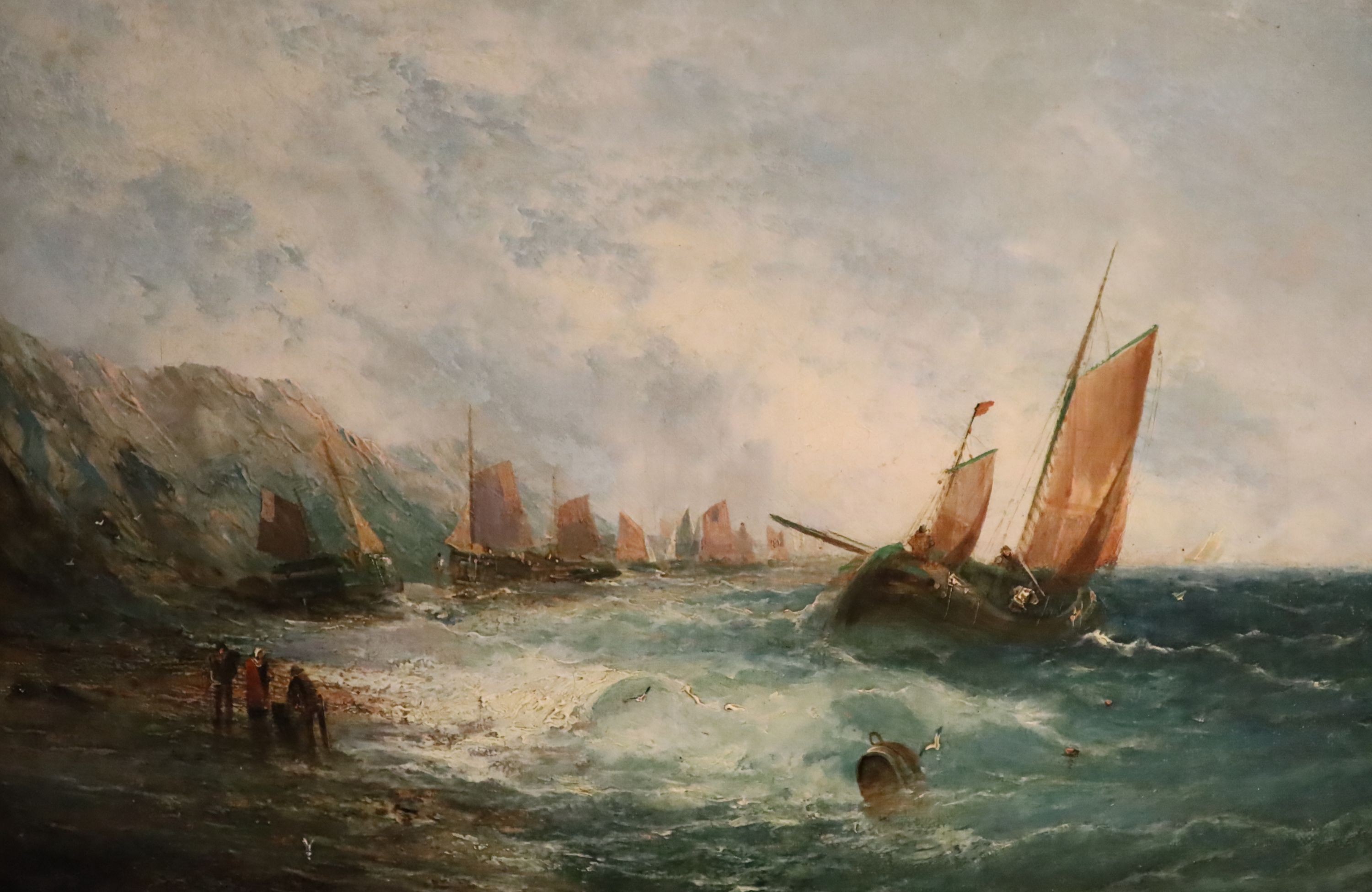 19th century English School, oil on canvas, Fishing boats along the coast, indistinctly signed, 26 x 39cm